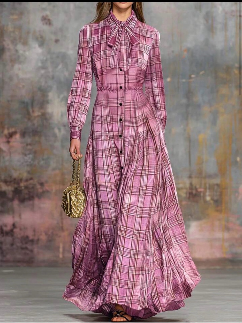 Hutener  Pink Plaid Maxi Dress with Bow Neck and Button Front